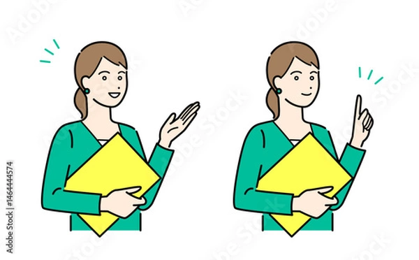 Obraz バインダーを抱えて説明するビジネススーツの女性のシンプルな上半身ベクターイラストセット