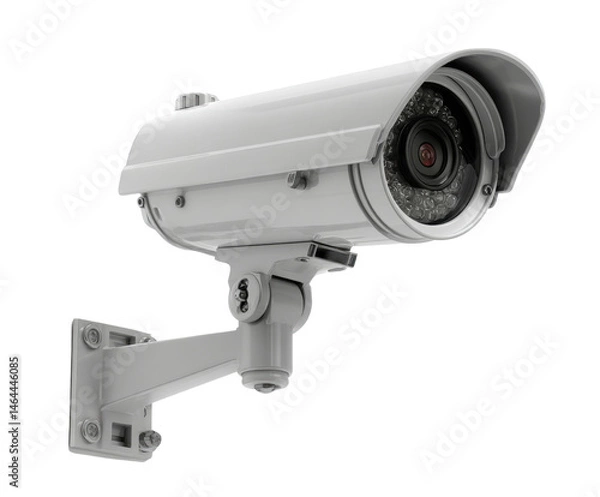 Fototapeta A white closed-circuit television camera affixed to a bracket monitors premises for security and surveillance, rendered against a clean, isolated white background.
