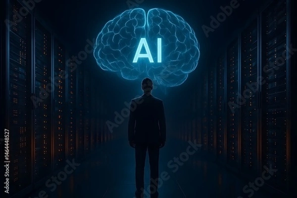Obraz Futuristic ai concept representing artificial intelligence and data processing with man standing in server room beneath glowing brain