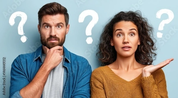 Fototapeta A confused man and woman standing next to each other, looking at the camera with question marks above their heads on a light blue background.