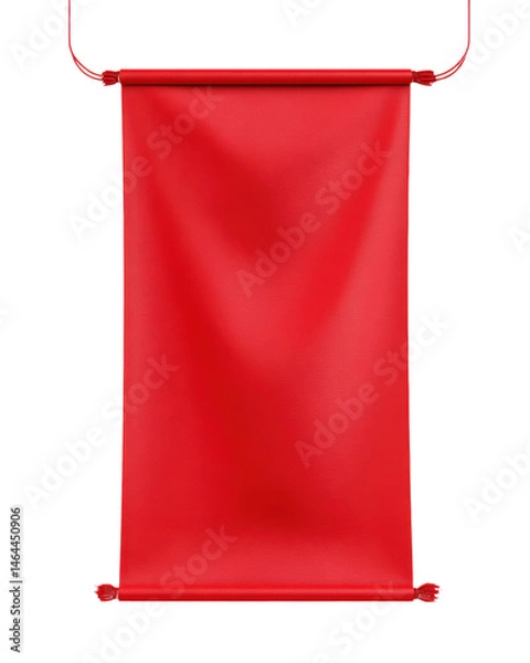 Fototapeta A vibrant red banner hangs suspended from above with decorative tassels, creating a striking visual perfect for announcements or creative messaging display.
