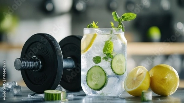 Fototapeta Refreshing Workout Drink with Cucumbers & Lemons