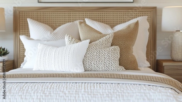 Obraz Cozy bedroom with layered pillows and bedding