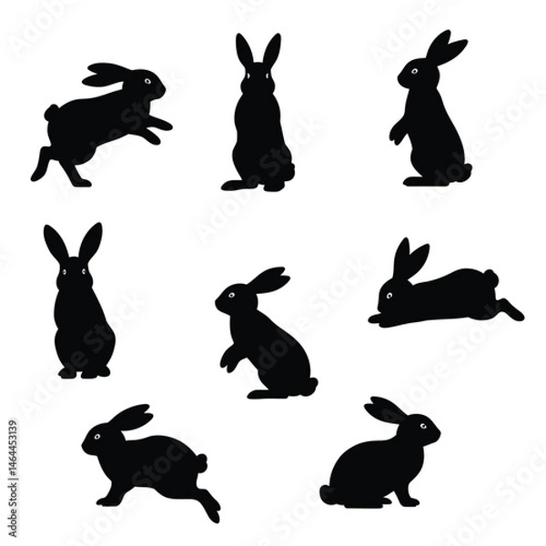 Obraz Cute bunny rabbit jumping in different positions. Bunny rabbit silhouette set vector on a white background. Cute rabbit standing silhouette collection. Bunny silhouette icon bundle design.