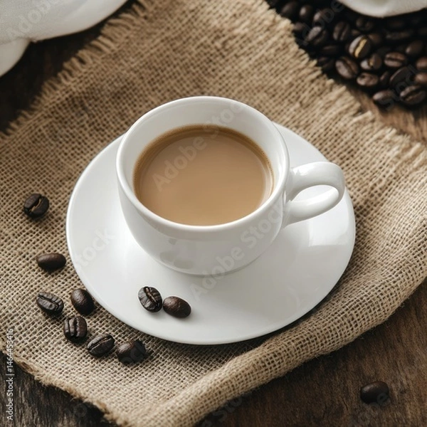 Obraz White coffee cup on burlap