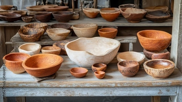 Fototapeta Group terracotta pottery handmade earthware clay bowls jars pots arty display earthy tones rustic natural decor traditional market stall product banner DIY lifestyle learn maker.