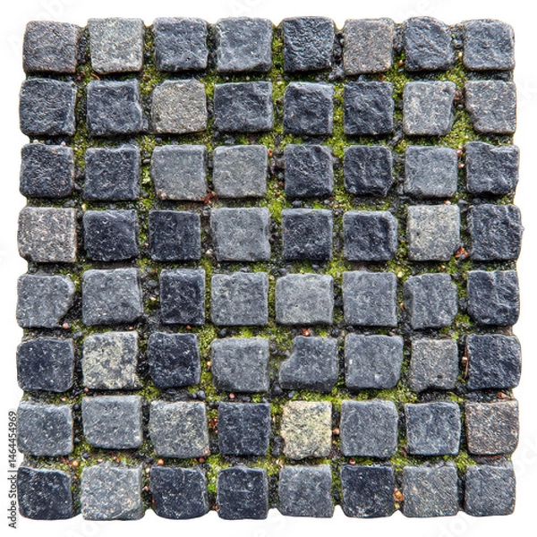 Fototapeta A square arrangement of dark gray cobblestones with moss growing between them provides a natural and textured paving material for outdoor spaces and pathways.