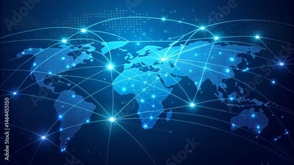 Fototapeta Global network connections for technology background with data transfer, dots, and digital earth design for banner use .