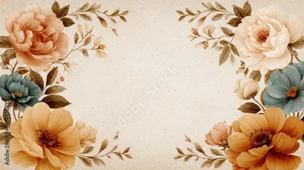 Fototapeta Floral design border with muted colors on a cream background.