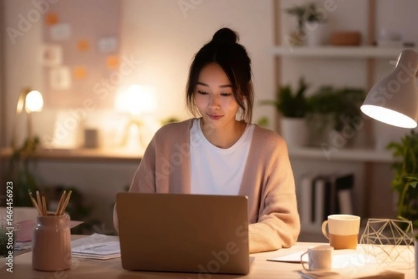 Fototapeta A quiet and focused Japanese woman working alone in a serene home office, comfortably managing spreadsheets and organizing documents on her laptop.