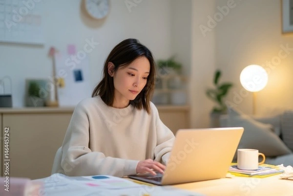 Fototapeta A quiet and focused Japanese woman working alone in a serene home office, comfortably managing spreadsheets and organizing documents on her laptop.