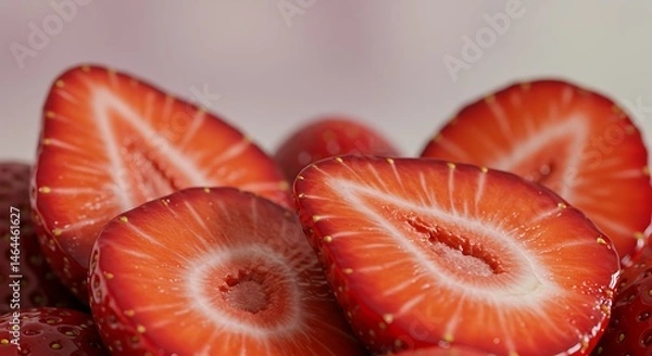 Fototapeta Sliced Strawberries Displaying Juicy Red Interior and Tiny Yello