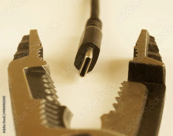 Fototapeta Macro frontal shot of a USB-C plug held by pliers on a neutral background; ideal for illustrating electronic repair, DIY tutorials, and device maintenance contexts. Photo