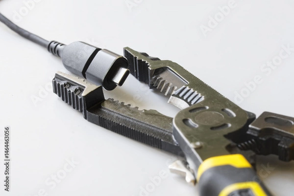 Fototapeta Macro shot of USB Type-C connector gripped by multi-tool pliers on white background; ideal for illustrating electronic repair, DIY projects, and device maintenance. Photo