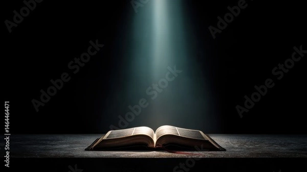 Fototapeta An open Bible against a dark background, glowing above, with space for a powerpoint slide background --chaos 5