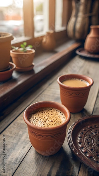 Obraz two kulhad chais by the window in a cozy rustic setting