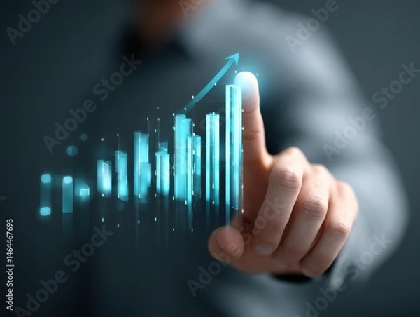 Fototapeta Businessman touching a blue-colored virtual digital bar pointing a finger to the maximum or maximum scale value in the air for a growth concept on a grey background.