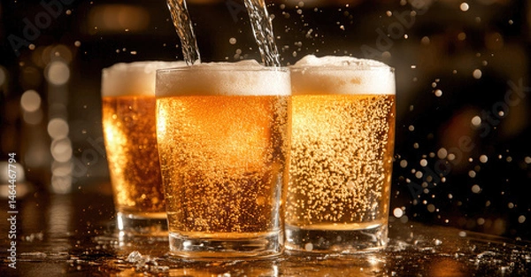 Fototapeta Craft beer being poured into frosty glasses at a bustling pub during an evening gathering with friends Generative AI