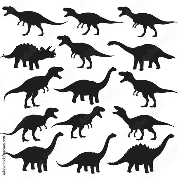 Obraz Dinosaur roaring in different positions, silhouette set vector. Big dinosaur standing silhouette collection on a white background. Historic carnivore animals full body silhouette bundles.
