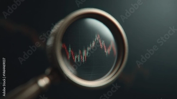 Fototapeta cinematic POV through a magnifying glass, focused on a digital monitor screen displaying dynamic stock market graphs with red and green candlestick patterns, no numbers visible.