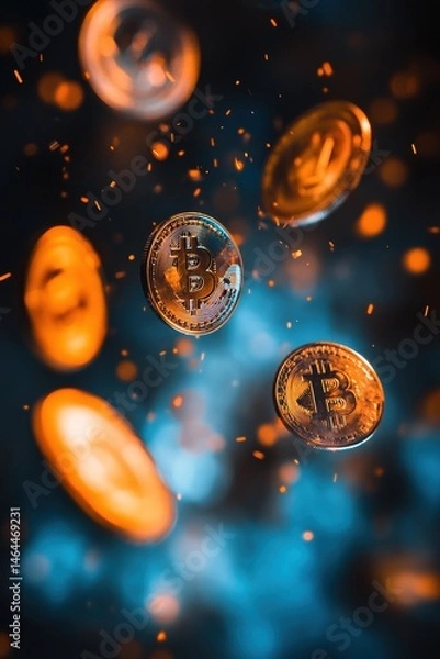 Fototapeta Bitcoin cryptocurrency coins flying in digital space with sparks, representing investment growth, blockchain technology, and financial innovation.