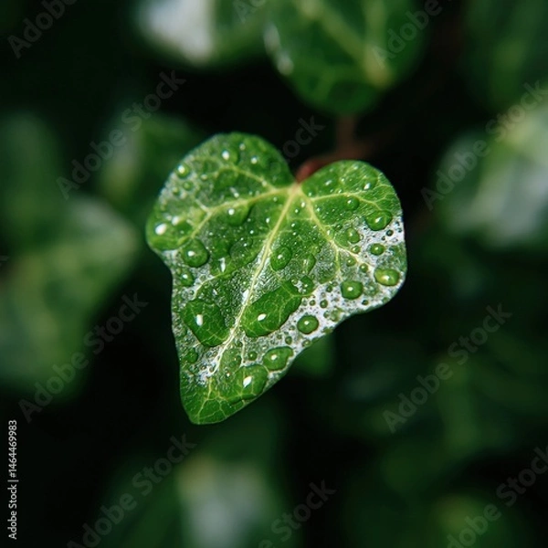 Fototapeta Rain on ivy leaf, filtered light through trees, nature clarity