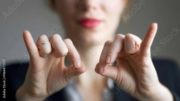 Fototapeta extreme close up of business woman's hands making deaf sign language, fingers gesticulating, shallow focus, realism, high quality studio style photography,