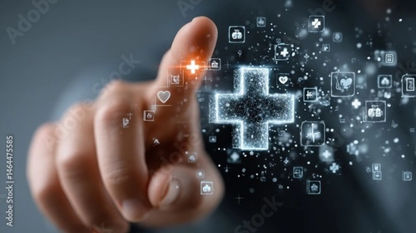 Fototapeta Hand touching a medical cross symbol with icons on a blue background, an AI technology concept for healthcare and medical services.