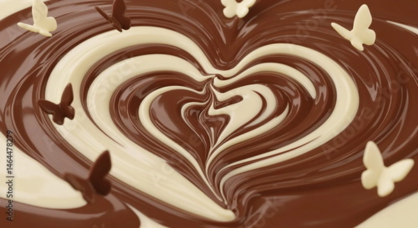 Fototapeta Swirling chocolate and cream creates a heart shape decorated with white butterflies