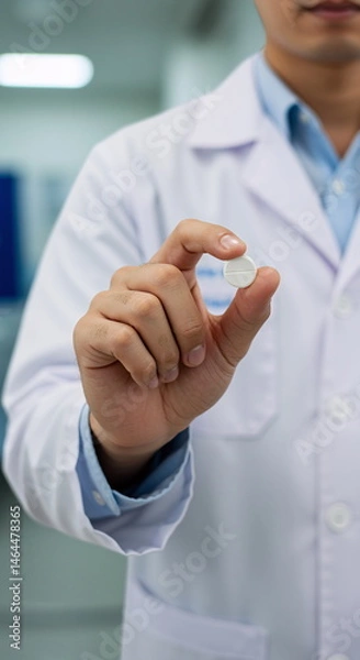 Fototapeta Scientist holds a white pill in a lab setting while discussing pharmaceutical research and development