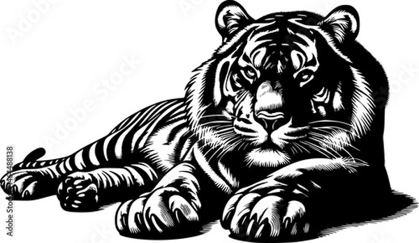 Fototapeta Hand drawn vector illustrations of a lying tiger silhouette