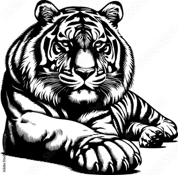 Fototapeta Hand drawn vector illustrations of a lying tiger silhouette