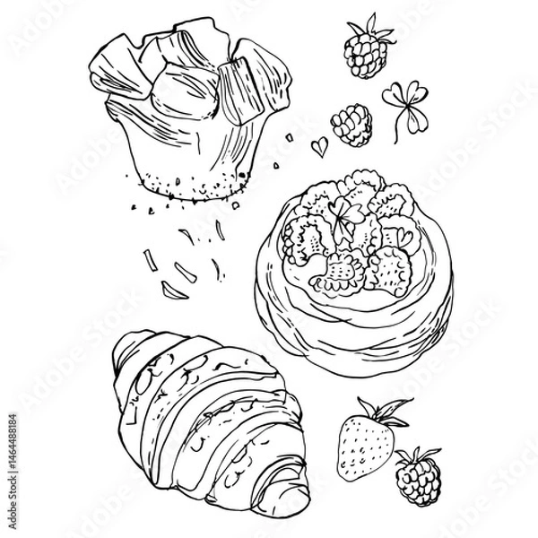 Fototapeta Bakery. Croissant, bun, dessert. Black ink drawing on a white background.