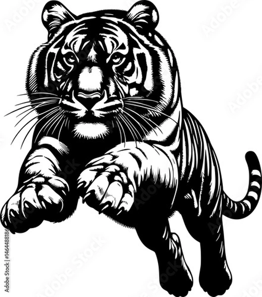 Fototapeta Hand drawn vector illustrations of a jumping tiger silhouette