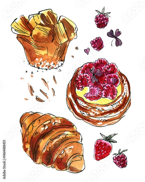 Fototapeta Bakery. Croissant, bun, dessert. Watercolor and ink sketch. Food illustrations.
