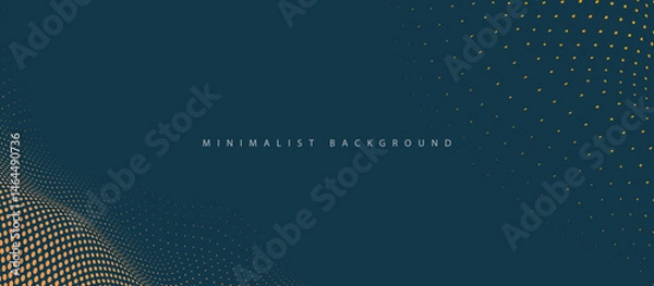 Fototapeta  modern minimalist abstract background with wave-like tan-orange dotted pattern on dark teal-blue, accented by scattered gold dots
