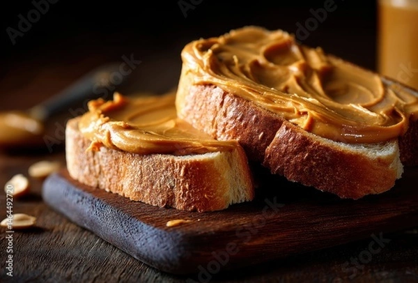 Obraz Delicious and Creamy Peanut Butter Spread on Freshly Sliced Bread on Wooden Board with Natural Light and Warm Tones Capturing a Homely Kitchen Scene