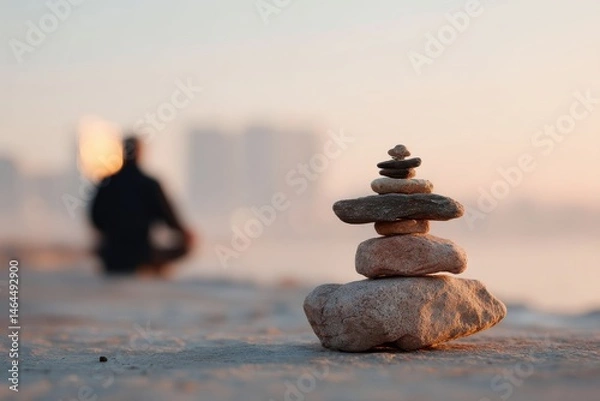 Fototapeta Zen stone stack symbol in foreground with blurred meditating figure, representing grounded balance, with warm tone, with a close-up perspective composition