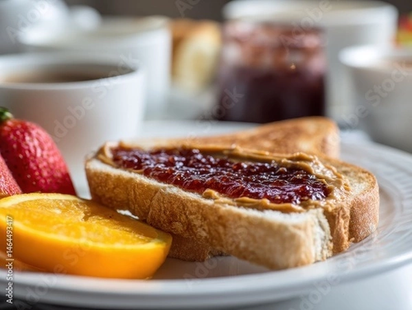 Fototapeta Delicious breakfast plate featuring peanut butter toast, jelly, fresh strawberries, orange slices, and a cup of coffee inviting morning delight and comfort