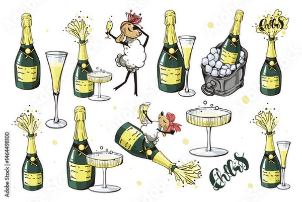 Fototapeta A playful doodle sticker set featuring a cheeky sheep sipping champagne, wine bottles, and cheerful 'Cheers!' captions. Fun, quirky and perfect for party vibes