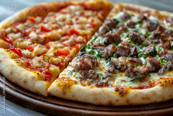 Fototapeta Half Pizza with Two Toppings on Wooden Board