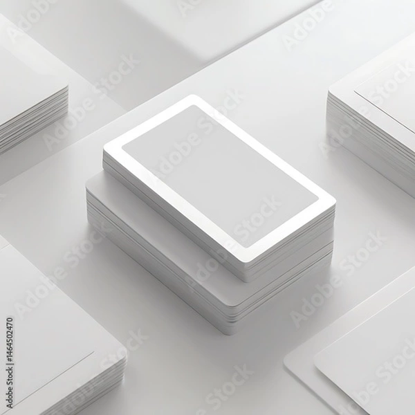 Obraz Stacked business cards with blank logo design, front and back mockup, top view, clean white desk background