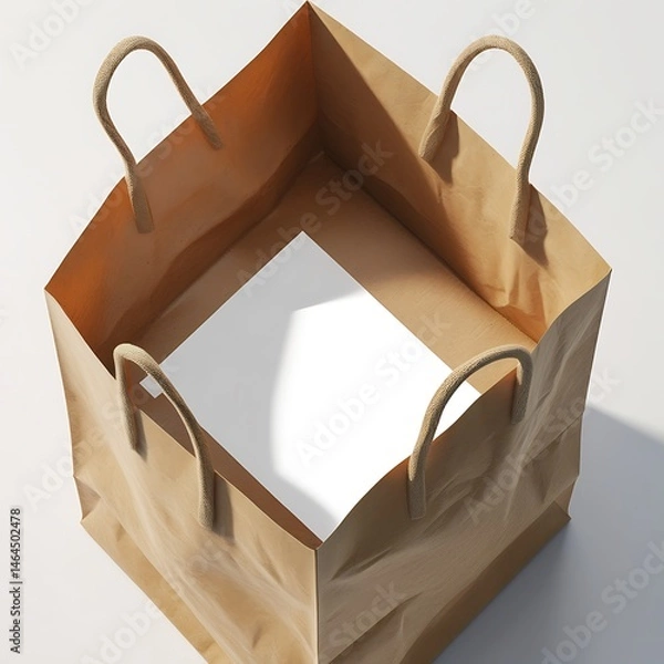 Obraz Realistic blank logo on kraft paper shopping bag, top view, white background, editable smart object, soft shadows