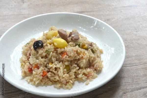 Fototapeta steamed rice with slice taro and ginkgo vegetarian food on plate