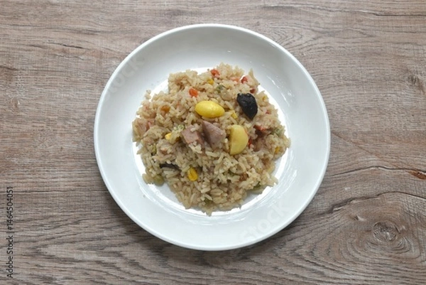 Fototapeta steamed rice with slice taro and ginkgo vegetarian food on plate