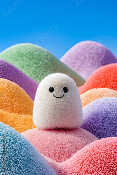 Fototapeta Fluffy friend surrounded by colorful hills under a clear sky, adding a touch of joy and whimsy to the landscape.