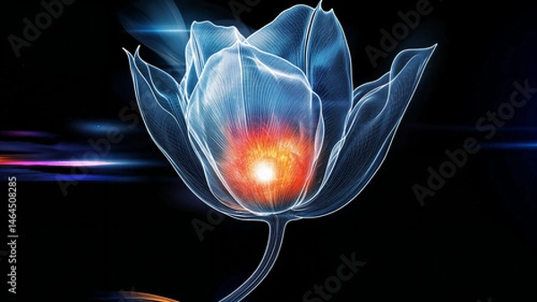 Fototapeta A luminous tulip, its delicate structure outlined in ethereal blue light, radiates warmth from its core.