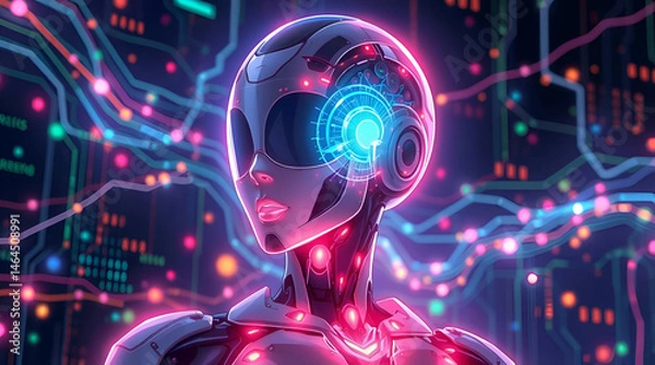 Obraz Futuristic Humanoid Robot with Glowing Neural Network and Digital Data Flow Interface – Generative AI Concept Art