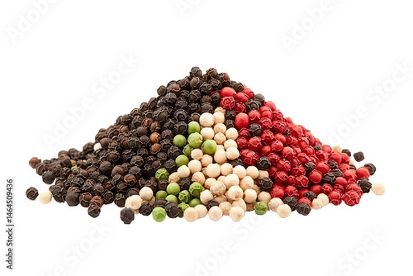 Fototapeta A colorful assortment of black, white, green, and red peppercorns piled together.