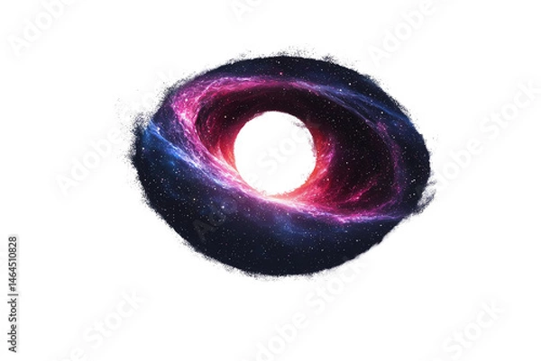 Fototapeta A swirling black hole with a glowing, colorful accretion disk and starry elements surrounding its event horizon.